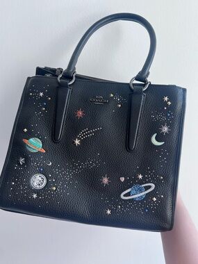 RARE Coach NASA Crosby Satchel F2811 Black Leather Space Planet Embroidery Stars